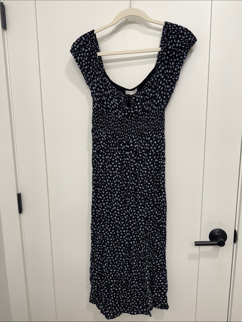 Smocked Black Floral Midi Dress with Cap Sleeves